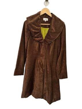 3 Sisters Womens Long Coat Brown Velvet coat Ruched Collar